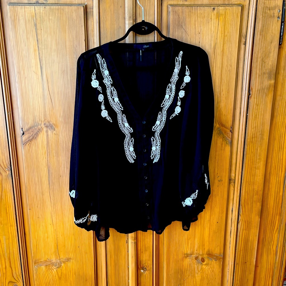 Fate black embellished blouse with off-white embroidery.